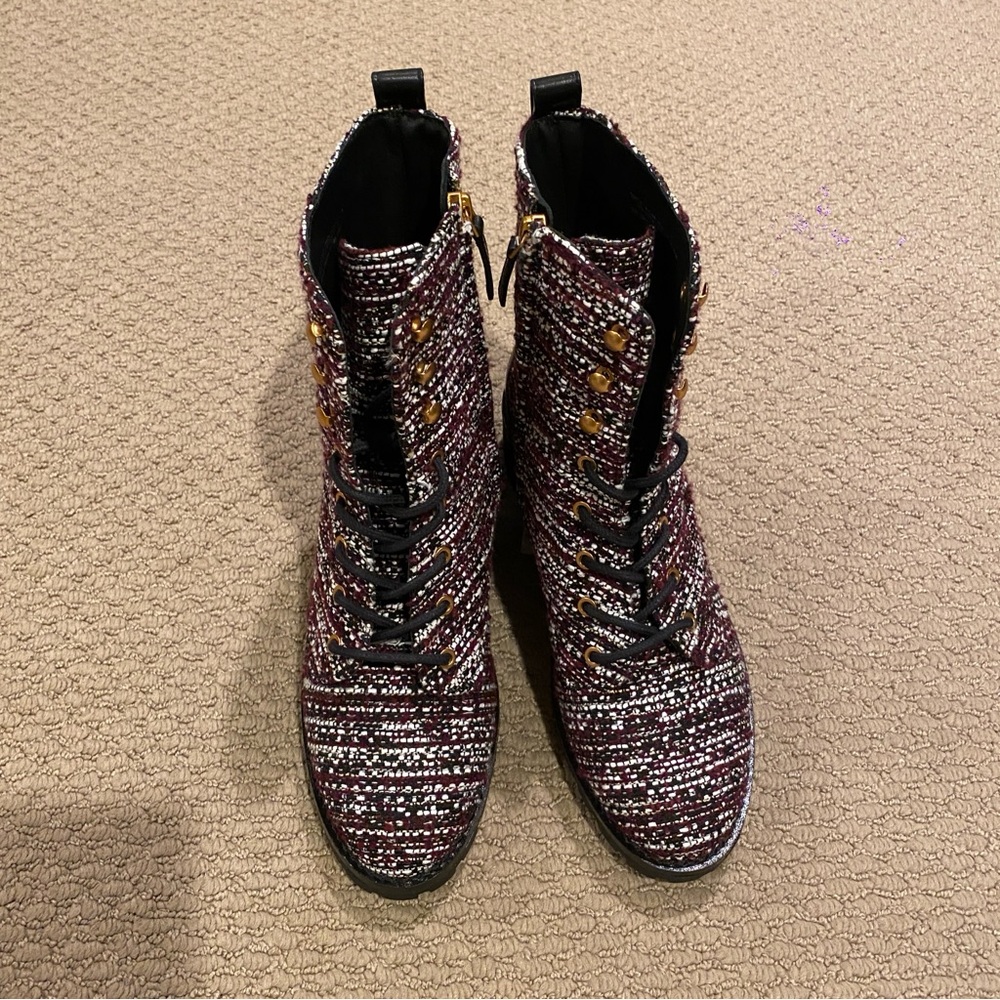 Tory Burch Miller Lug Sole Tweed & Leather Boots New Claret Size 8.5M NWT ($398)